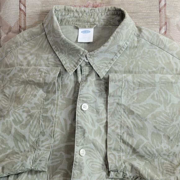 Old Navy Shirt Mens Large Green Linen Blend Short Sleeve Hawaiian Button-Up - Picture 9 of 12